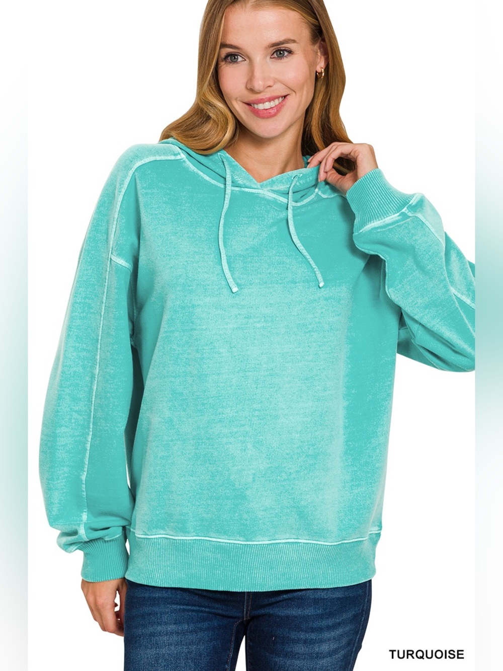 Zenana Turquoise Pigment Dye & Enzyme Washed French Terry Hoodie